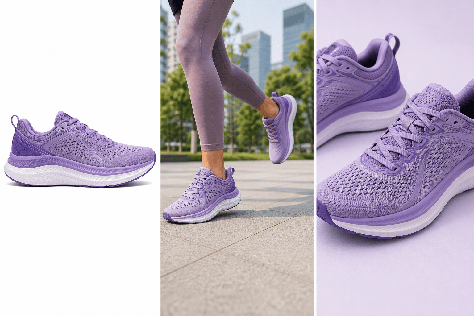 A violet running shoe shown as a pure-white main image, a lifestyle image, and a close-up feature image