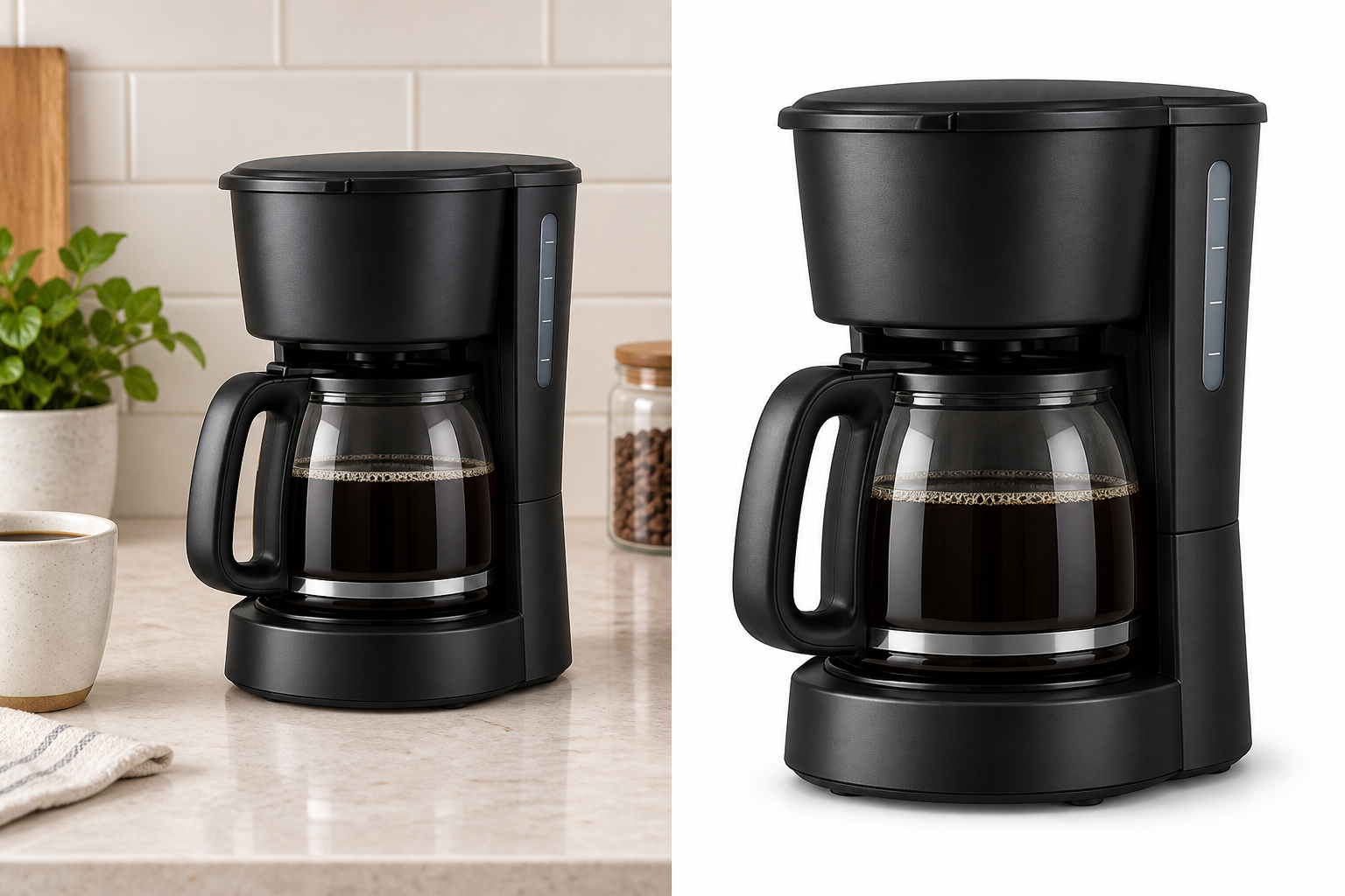 The same coffee maker shown in a distracting kitchen scene and then tightly framed on a pure white background
