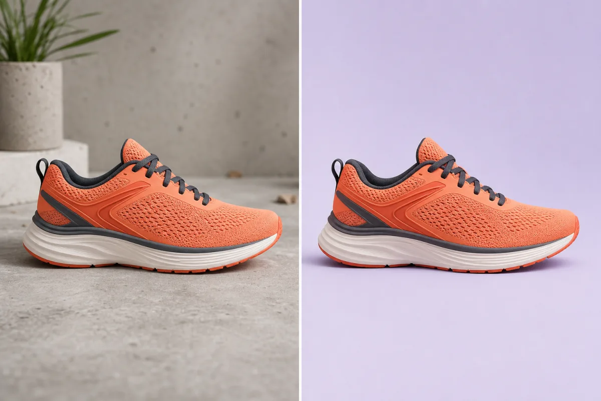 Before and after background cleanup on an orange running shoe