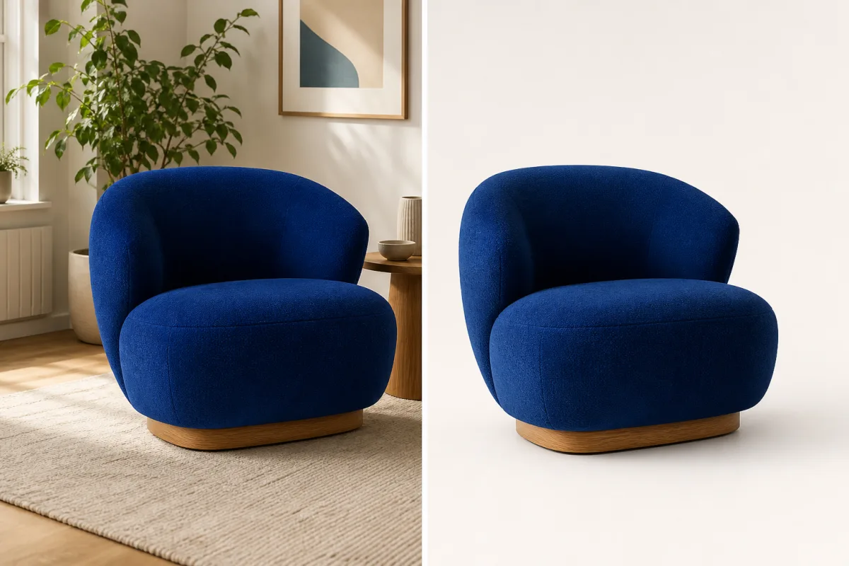 Before and after background cleanup on a blue lounge chair